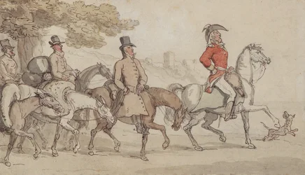 Illustrationer til The Military Adventures of Johnny Newcome: Dashed with his suite for Santarem that night af John Mitford (1782-1831) (pen og blæk og wc på papir)